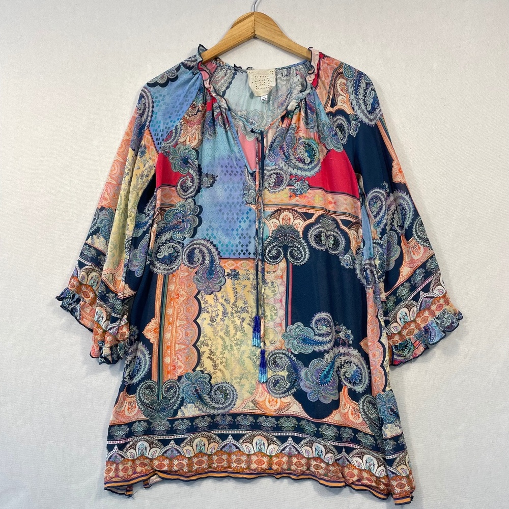 JOHNNY WAS JADE Women’s Small Blue Beaded Tassel Tie Print Tunic FLAW